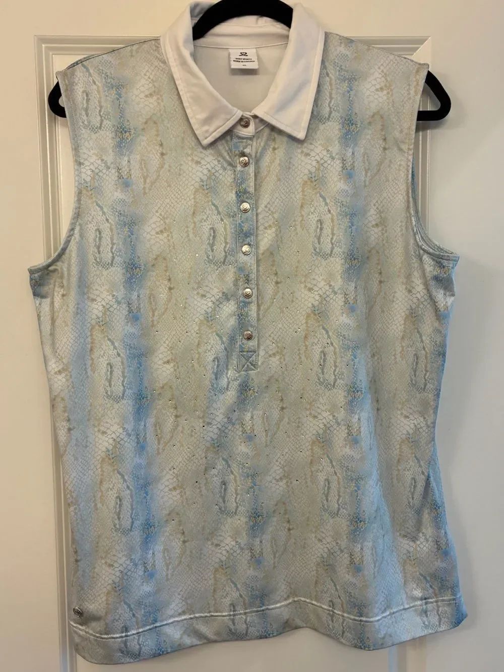 DAILY SPORTS Sleeveless Polo Shirt 1/2 Button Up Snake Print Beaded Women’s XL